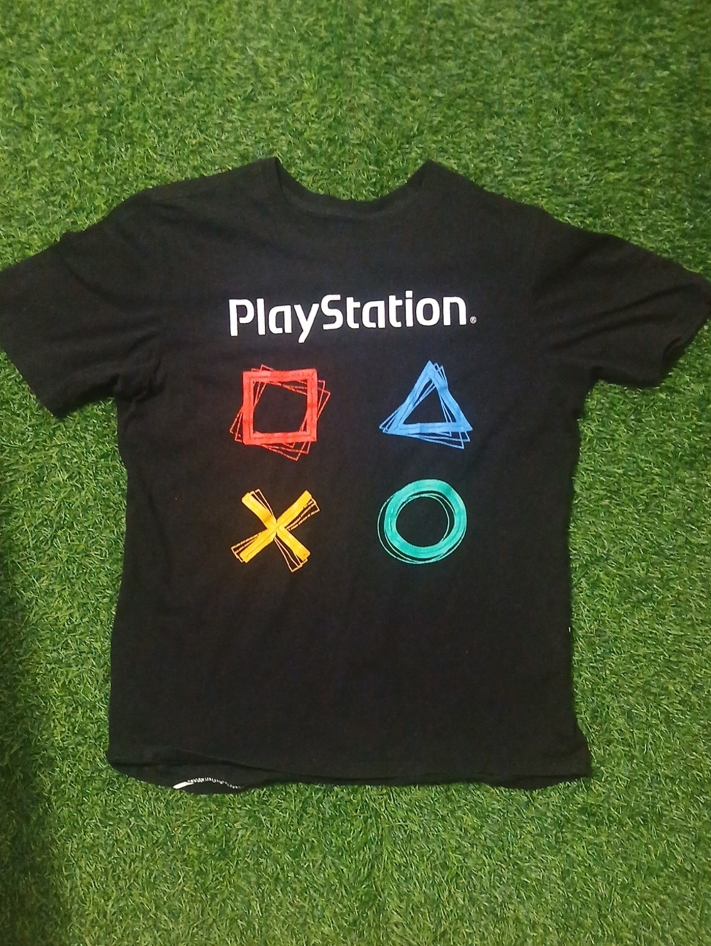 Sony PlayStation Black T-Shirt with Red, Blue, Yellow, Teal Icons